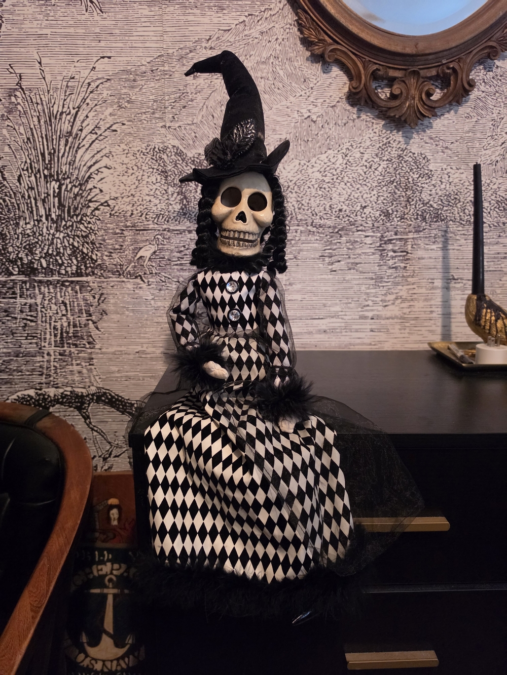 Broomstick Blvd Harlequin Skeleton Witch Shelf Sitter Doll